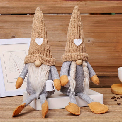 Sitting Gnome Figurine Set of Two with Long Heart-Accent Hats in Black, Khaki or Red Style Options