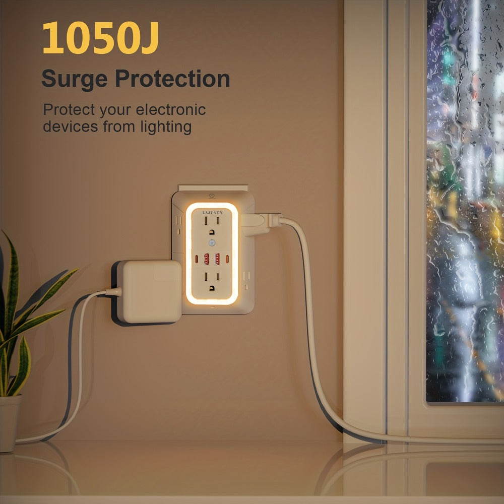 3-Sided Wall Outlet Extender 10-in-1 with 6 AC Outlets & 4 USB Ports (2 USB-A & 2 USB-C), 1050J Surge Protector Multi-Plug Adapter for Home, Travel, Office & College