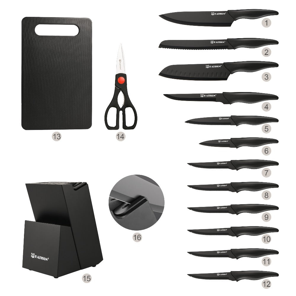 15-Piece Kitchen Knife Set with Black Handles, Steak Knives, Scissors, Honing Rod, Cutting Board and Storage Block