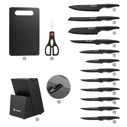 15-Piece Kitchen Knife Set with Black Handles, Steak Knives, Scissors, Honing Rod, Cutting Board and Storage Block