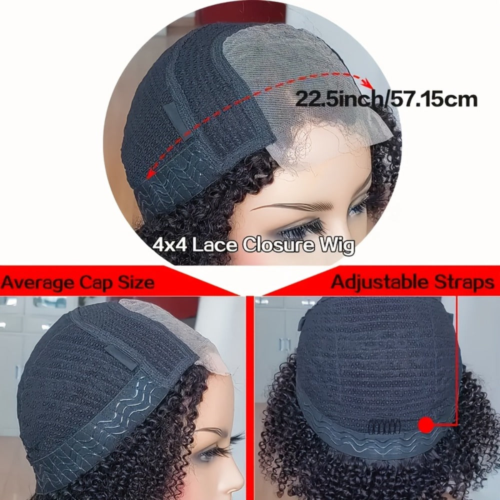 Lace Front Wig Kinky-Curly Human Hair, 8-26 Inch Natural Black with 4x4 Closure and 150% Density