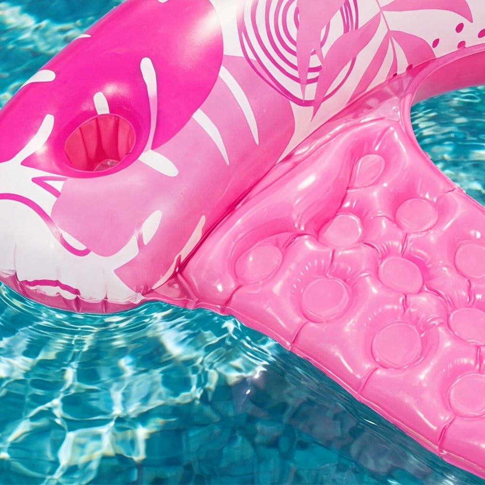 Leaf Print Inflatable Pool Chair Pair with Cup Holders, Blue and Pink 49 x 35 Inch Seats for Adult Lounging