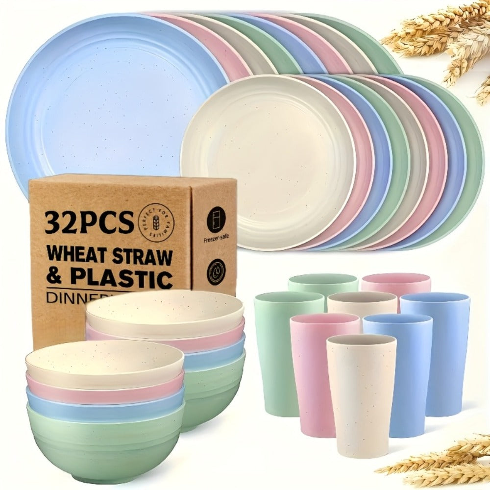 Wheat Straw Dinnerware Set 16 or 32 Piece – Plates & Bowls for 4 or 8 People, Microwave & Dishwasher Safe Plastic Dish Set, Lightweight Colorful Tableware for Home, Party & Holiday