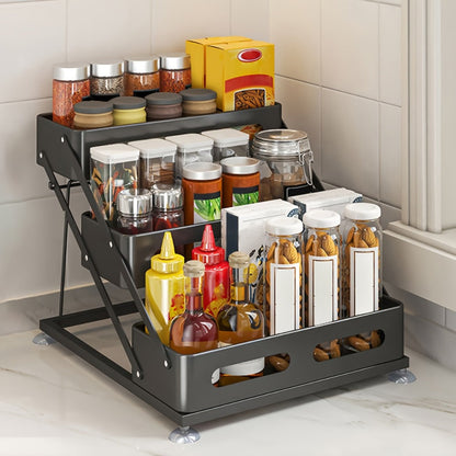 Three-Tier Foldable Spice Rack Organizer in Black or White with Front Rails and Side Supports