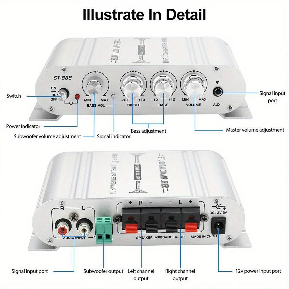 400 Watt 2.1 Channel Car Audio Stereo Amplifier, 12V Class A/B HIFI Power Amp with RCA & AUX Input, Subwoofer Output, Cast Iron Build, 20Wx2+40W RMS, 4-8Ω Speaker Compatible, Model ST-838