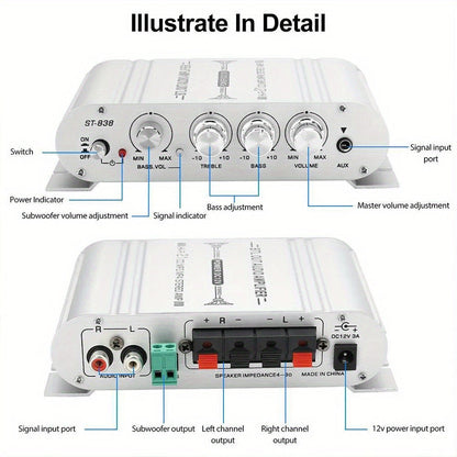 400 Watt 2.1 Channel Car Audio Stereo Amplifier, 12V Class A/B HIFI Power Amp with RCA & AUX Input, Subwoofer Output, Cast Iron Build, 20Wx2+40W RMS, 4-8Ω Speaker Compatible, Model ST-838