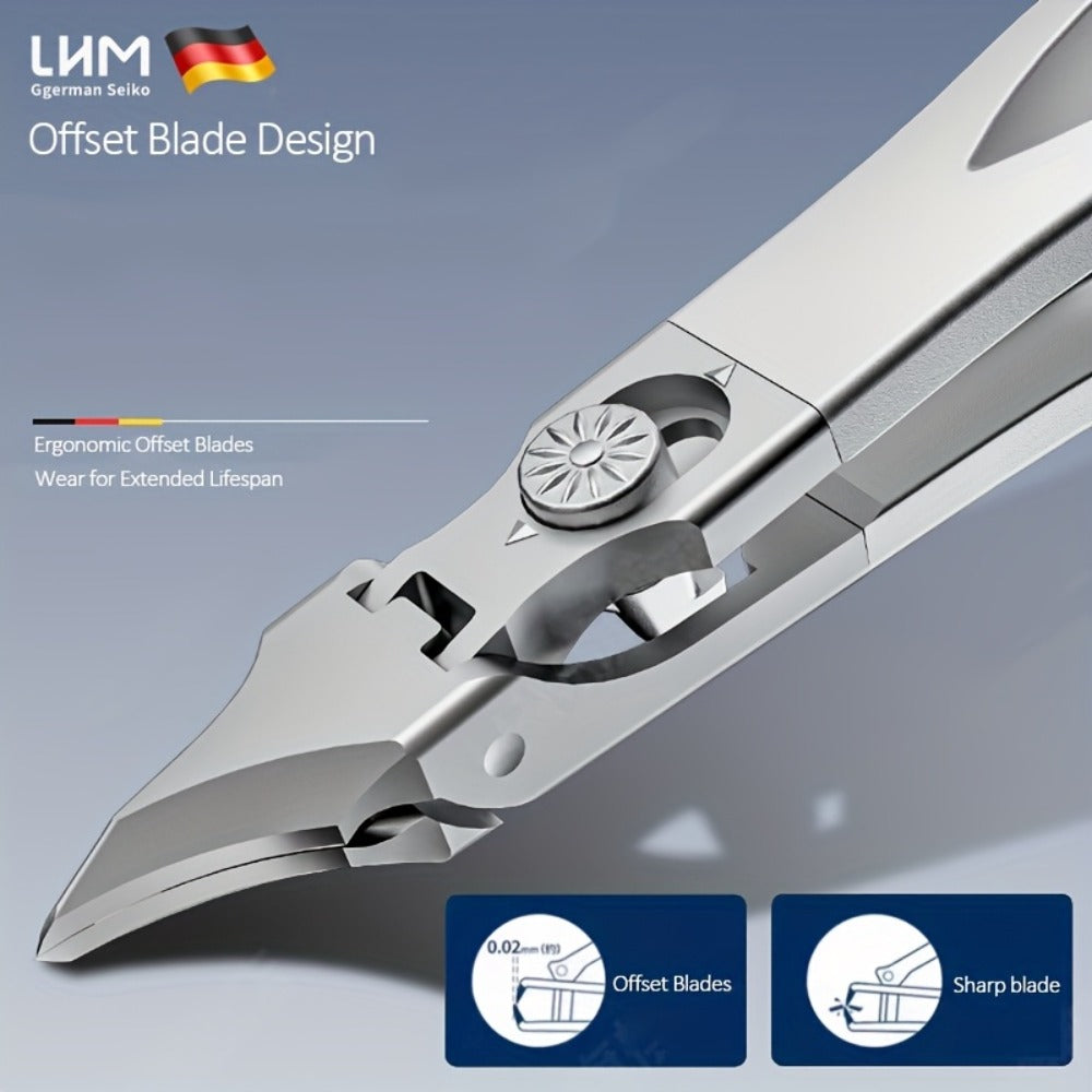 LIAM Wide-Jaw Nail Clipper in Bright Silver with 45-Degree Offset Cutting Edge and Stainless-Steel-Labeled Body