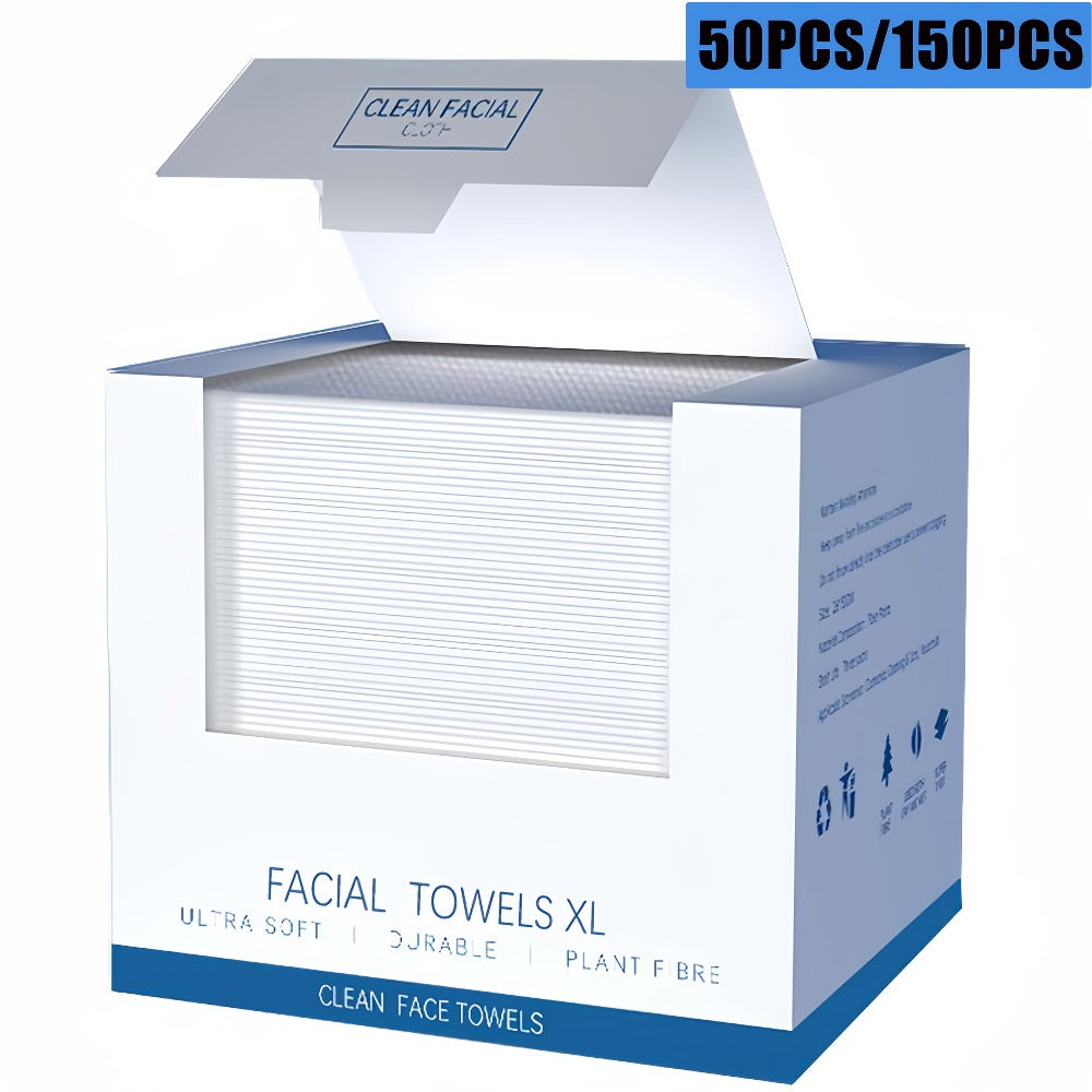 Dry Disposable Facial Towels in 50- or 150-Piece Boxes for Face Cleansing, Makeup Removal and Travel