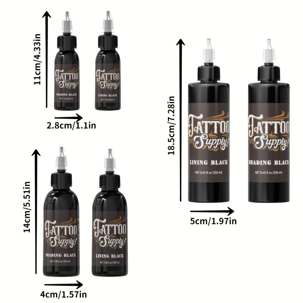 Neebol Tattoo Ink Professional Black Lining & Shading Set — Waterproof Long-Lasting Outlining Blending Body Art Ink for Artists & Beginners, 100ml & 250ml Sizes Available