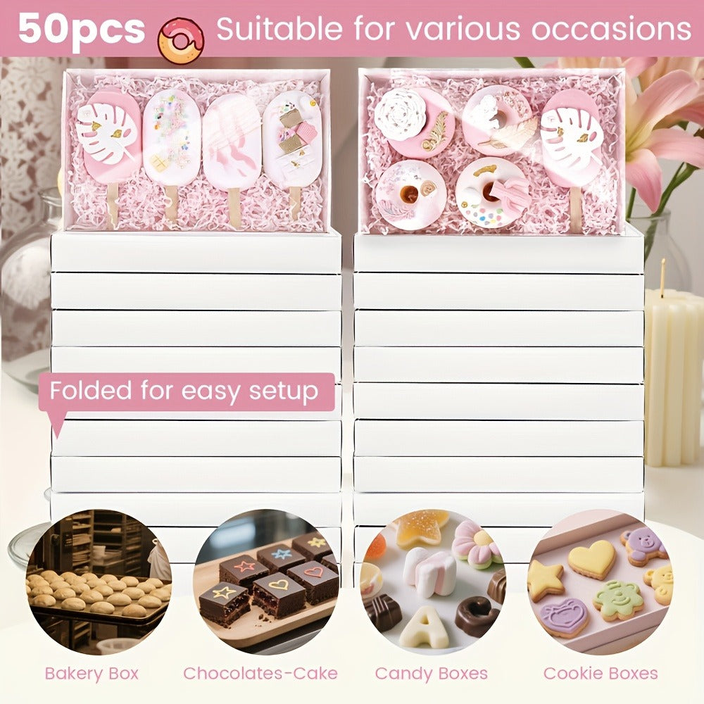 50-Pack White Pastry Presentation Boxes with Full Clear Lids and Pictured 9.5 x 6 x 1.2-Inch Size