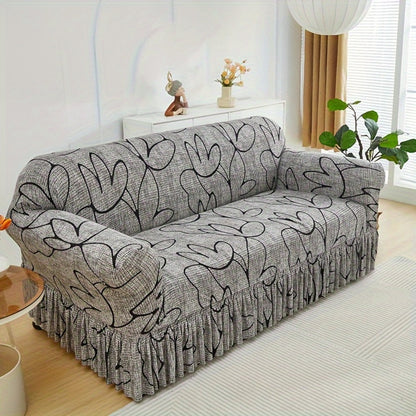 Sofa Cover Gray Printed Skirt Slipcover with Elastic Stretch Fit for 1, 2, 3 or 4-Seater Sofas