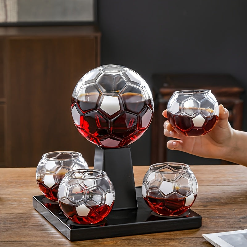 Soccer Ball Whiskey Decanter Set with 30 oz Ball-Shaped Bottle, Four Matching Cups and Black Display Stand