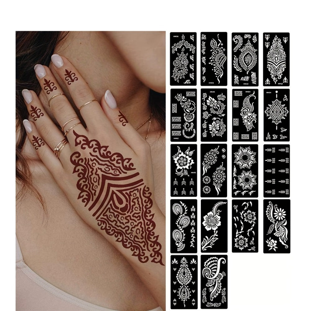 Nine-Sheet Reusable Tattoo Stencil Set with Long Floral and Henna-Style Pattern Cards in HN1 or HN2
