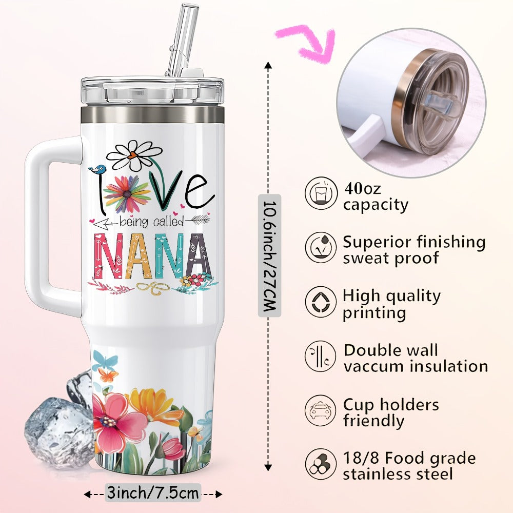 Floral Nana Graphic Stainless Steel Tumbler with Lid and Straw in White 16oz or 40oz Options