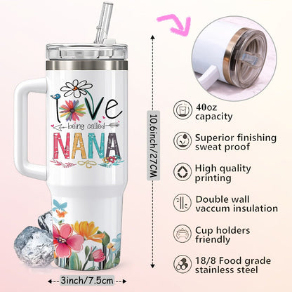 Floral Nana Graphic Stainless Steel Tumbler with Lid and Straw in White 16oz or 40oz Options