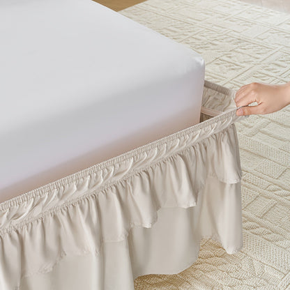 Double Ruffle Bed Skirt 16" Drop | Elastic Wrap Around Dust Ruffle for Twin Full Queen King Bed | Easy Install Machine Washable Soft Linen Poly Blend Bedskirt