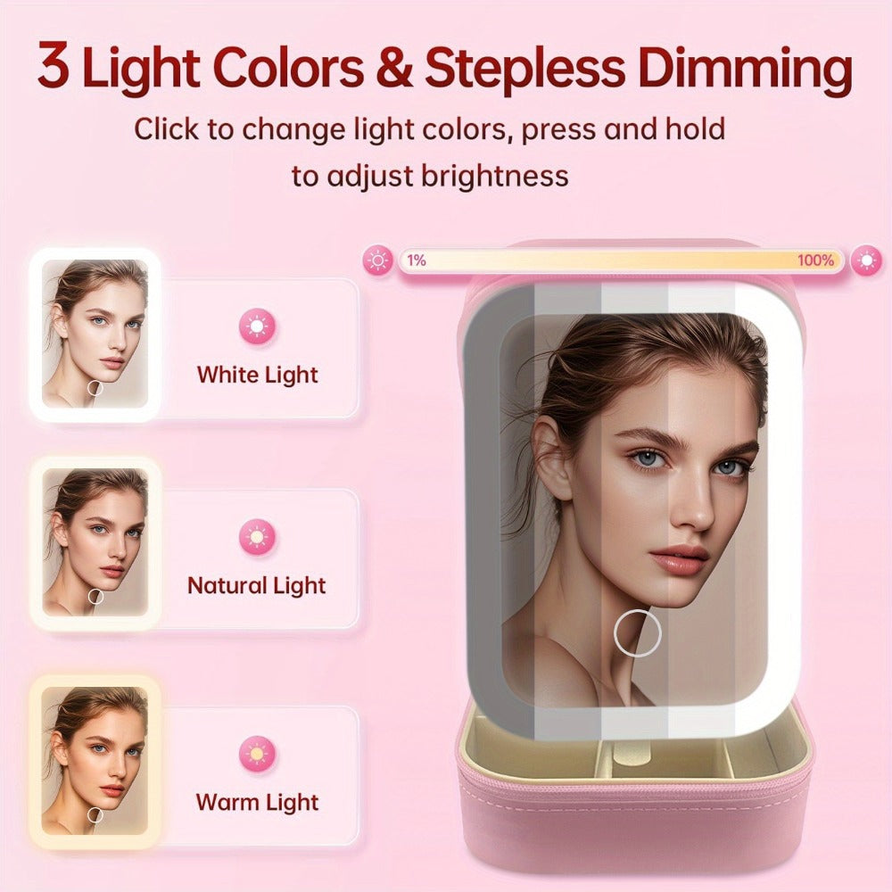 Lighted Makeup Mirror with Travel Case Cosmetic Organizer 3-Color LED Light 1200mAh Rechargeable Portable Vanity Mirror Adjustable Brightness for Women Gift Birthday Christmas