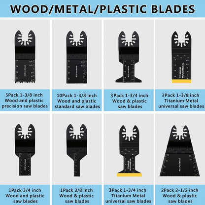Oscillating Tool Blade Kit 98PCS Multi Tool Blades with Sanding Pads Sandpaper for Cutting Wood Plastic Metal Nails PVC Drywall Fits Most Oscillating Tool Models Universal