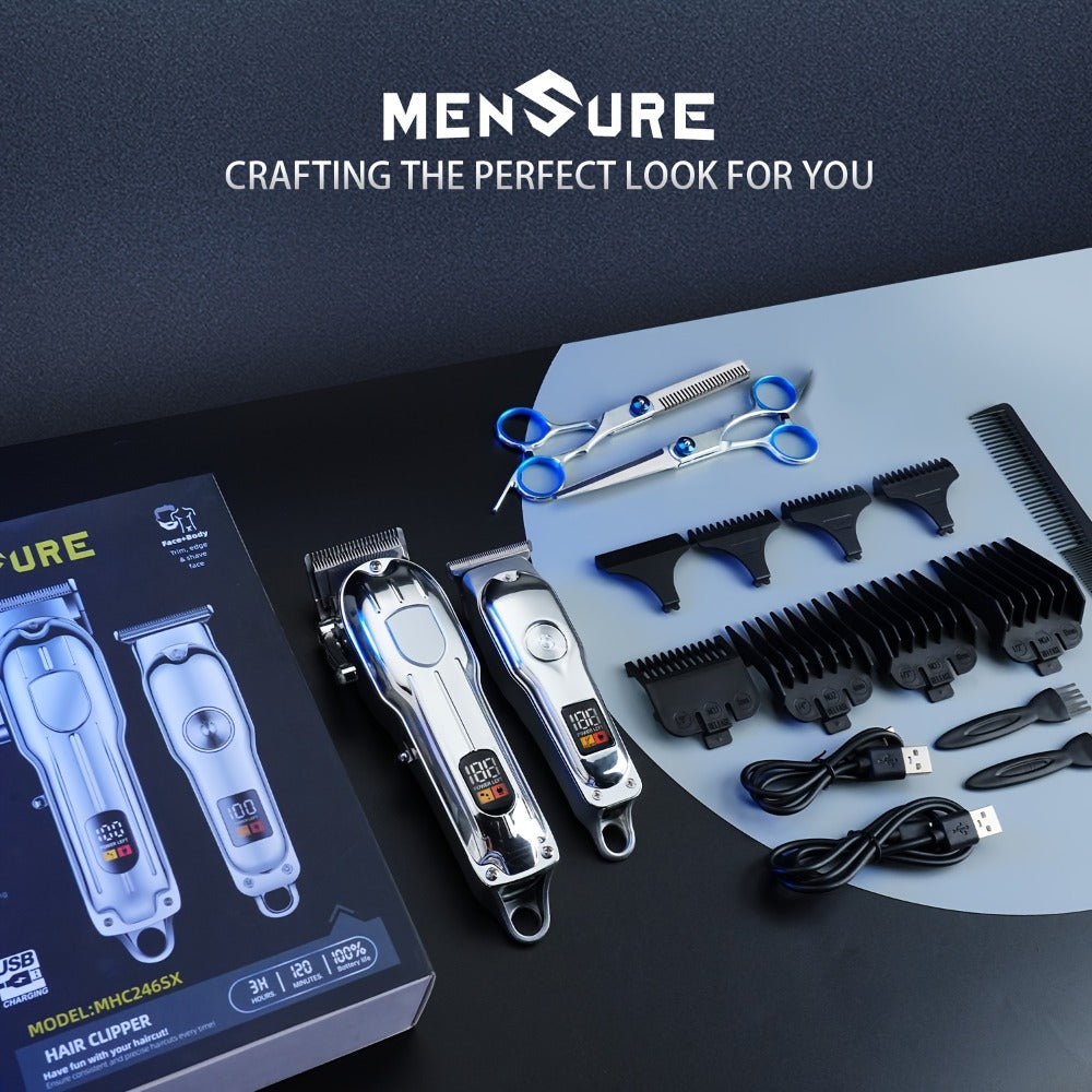 Professional Hair Clipper & Beard Trimmer Set - MENSURE Cordless 6000RPM Hair Cutting Kit with T-Blade Trimmer, 7 Guide Combs, LED Display & Type-C Fast Charging, Barber Kit for Men Home & Salon Use