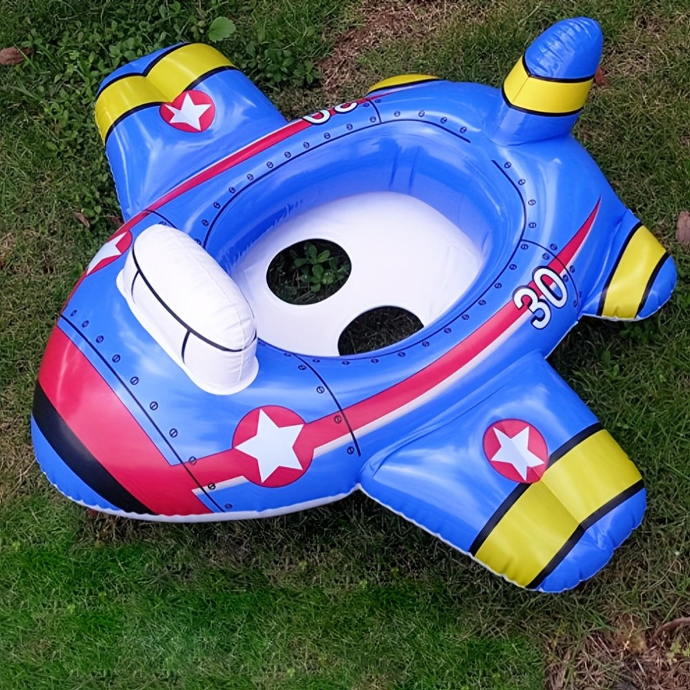 Airplane-Shaped Inflatable Pool Float with Blue Printed Body, Center Opening, Wings, Tail and 33.46-Inch Length