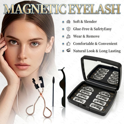 Eight-Piece Black Magnetic False Eyelash Kit with Rectangular Case, Applicator, Tweezers and Brush