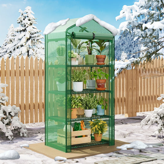 4 Tier Mini Greenhouse for Indoor Outdoor Plants – Portable PE Cover Greenhouse with Rack Stand for Seedlings, Seasonal Decoration & Year-Round Plant Care