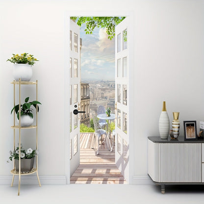 Balcony-View Door Mural Panel Set with Two 17.7-Inch Sheets and 35.43 x 78.74-Inch Final Scene