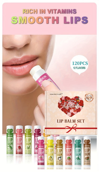 Lip Balm 120-Piece Bulk Set with 12 Flavors, Glossy Twist-Up Tubes and Divided Gift Box Packaging