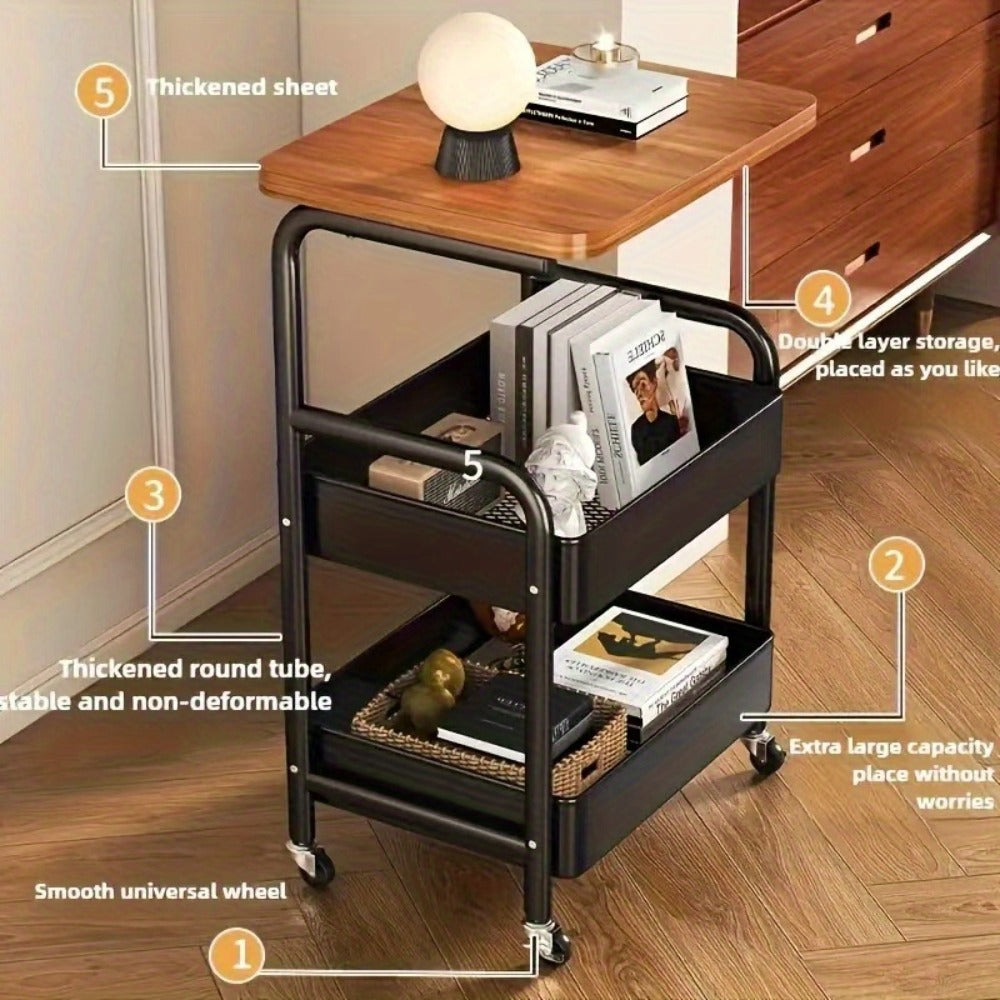 Three-Tier Rolling Storage Cart with Wooden Tabletop, Reinforced Black Frame and Locking Casters