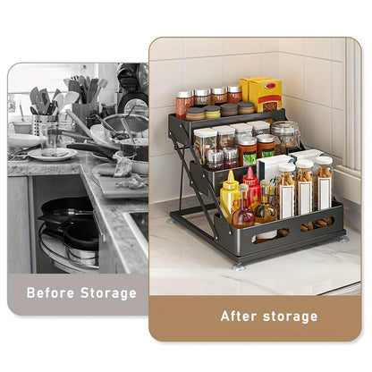 Three-Tier Foldable Spice Rack Organizer in Black or White with Front Rails and Side Supports