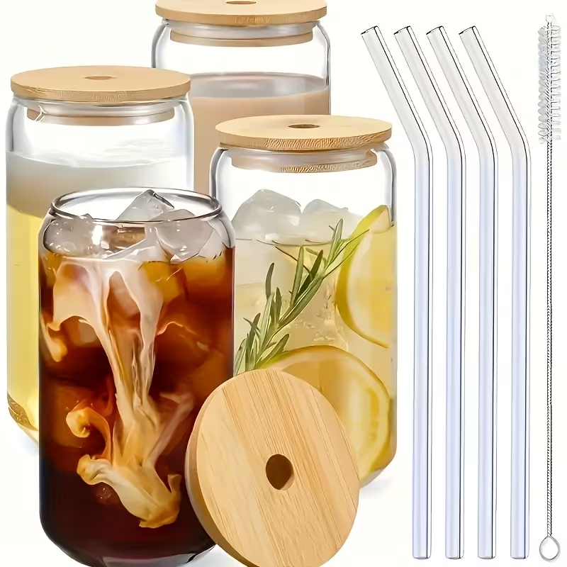 Drinking Glasses Set with Lid and Straw 550ml Oval Glass Cups 4 or 6 Piece – Iced Coffee Smoothie Bubble Tea Juice Tumbler Set for Home Entertaining Gifting