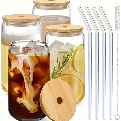 Drinking Glasses Set with Lid and Straw 550ml Oval Glass Cups 4 or 6 Piece – Iced Coffee Smoothie Bubble Tea Juice Tumbler Set for Home Entertaining Gifting