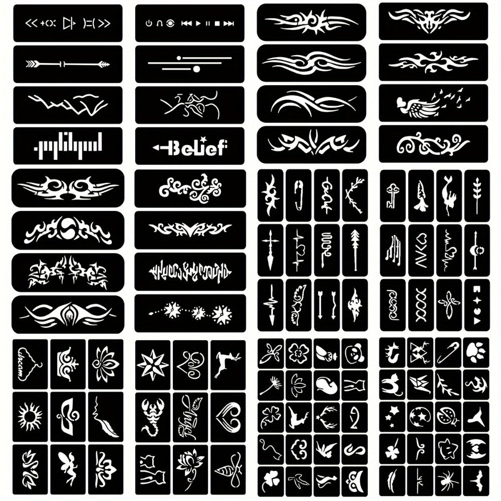 DIY Tattoo Stencils Set 12 Sheets Hollow Design Templates | Reusable Body Art Kit for Arm Ankle Ear Wrist | Waterproof Compatible with Juice Paste Freehand Ink Henna | Unisex Home Party Tattoo Kit