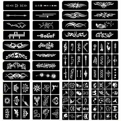 DIY Tattoo Stencils Set 12 Sheets Hollow Design Templates | Reusable Body Art Kit for Arm Ankle Ear Wrist | Waterproof Compatible with Juice Paste Freehand Ink Henna | Unisex Home Party Tattoo Kit