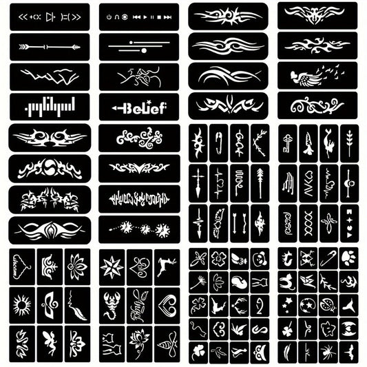 DIY Tattoo Stencils Set 12 Sheets Hollow Design Templates | Reusable Body Art Kit for Arm Ankle Ear Wrist | Waterproof Compatible with Juice Paste Freehand Ink Henna | Unisex Home Party Tattoo Kit