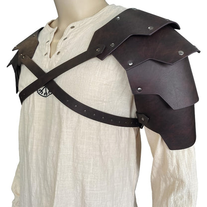 Medieval Costume Shoulder Armor Pair with Layered Riveted Panels, Cross-Back Straps and Three Checkout Colors