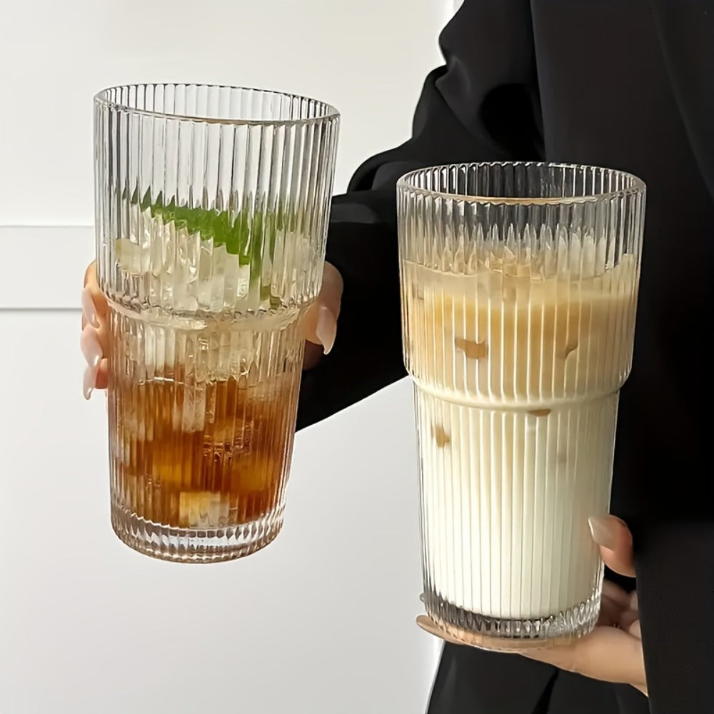 Vintage Striped Drinking Glasses with Glass Straws – 19oz High Borosilicate Iced Coffee Cups Set for Juice, Smoothies & Parties, Thick & Durable Glassware Gift Set (2 or 4 Pack)