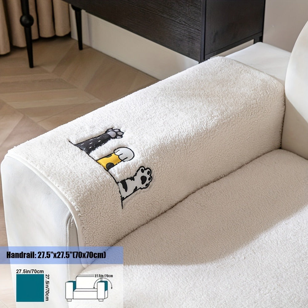 Sofa Cover, Sherpa Plush Cat-Paw Embroidered Seat Pad with Non-Slip Backing in Four Colors and Seven Sizes