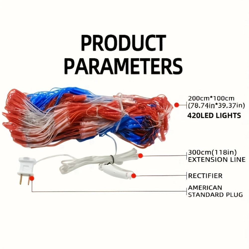 String Lights, 420-LED American Flag Net Display with Red, White and Blue Lights, 120V Plug and 6.6 by 3.3-Foot Size
