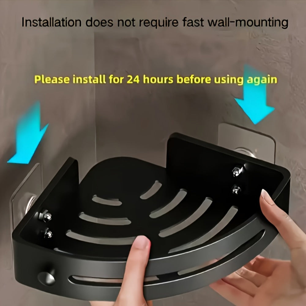 Two-Piece Black Corner Shower Caddy Set with Adhesive Mounts, Drainage Slots and Exact Checkout Label