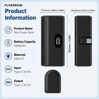 Mini Power Bank 5000mAh USB-C Foldable Plug Built-in Cable 10W Fast Charge LED Display Compact Portable Charger for iPhone 15 16 17 Samsung Android – Black White Pink Purple Green (1pc/2pcs)