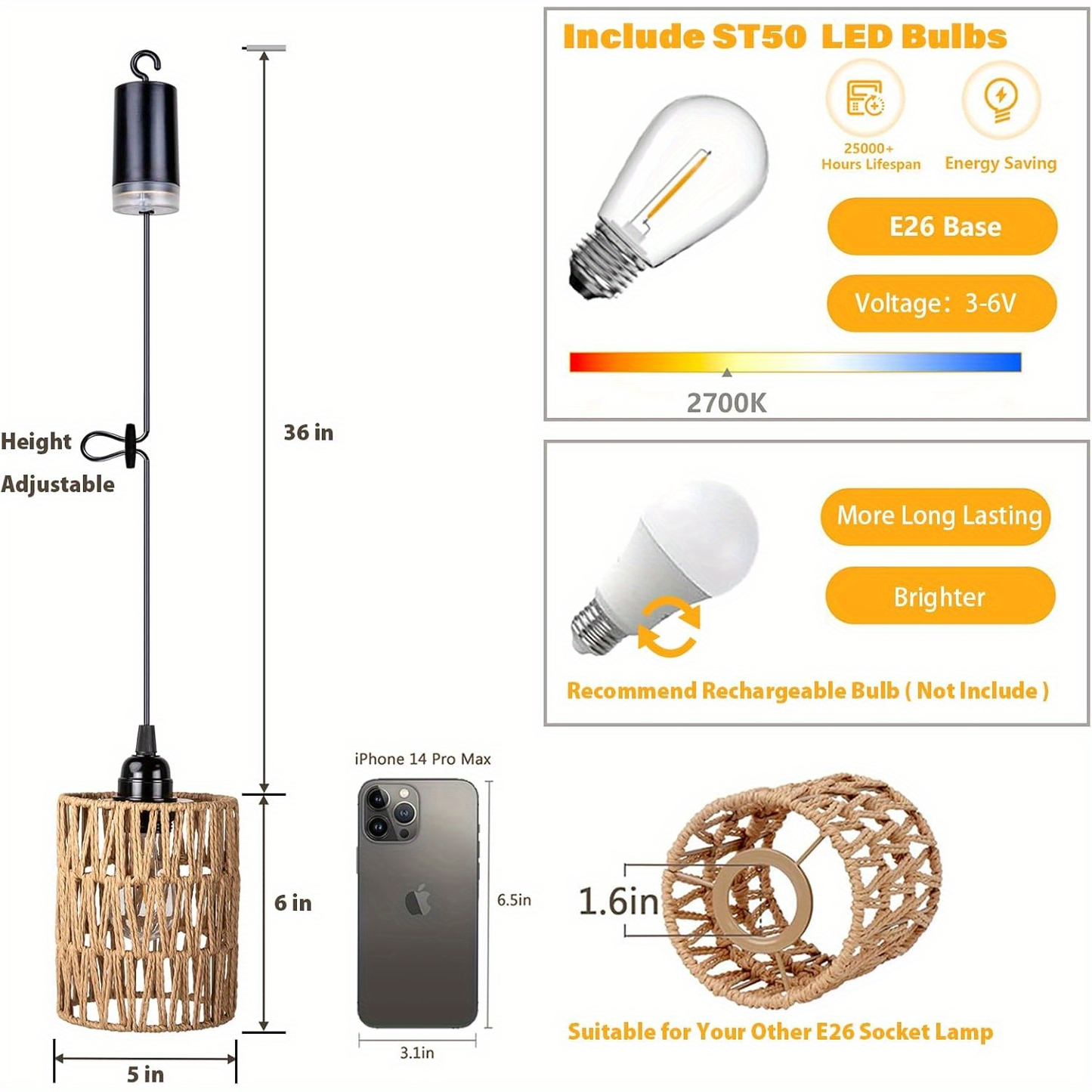 Two-Piece Battery Pendant Light Set with Woven Shades, Remote Controls and Adjustable Hanging Cords