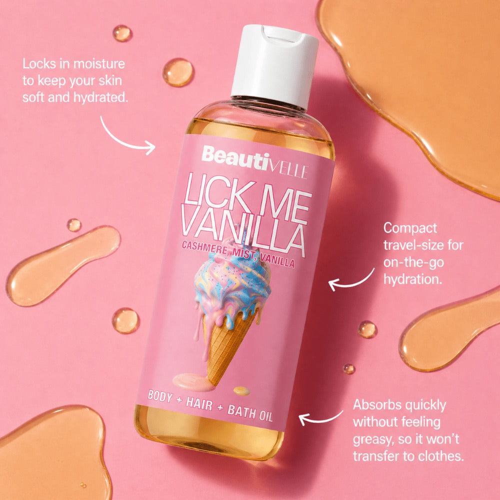 Cashmere Mist Vanilla Body Oil in a 4 oz Flip-Top Bottle with Amber, Sandalwood and Vanilla Notes