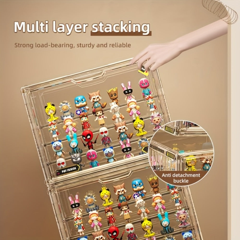 Large Four-Tier Clear Acrylic Figure Display Case with Magnetic Door and Stackable Desktop Design