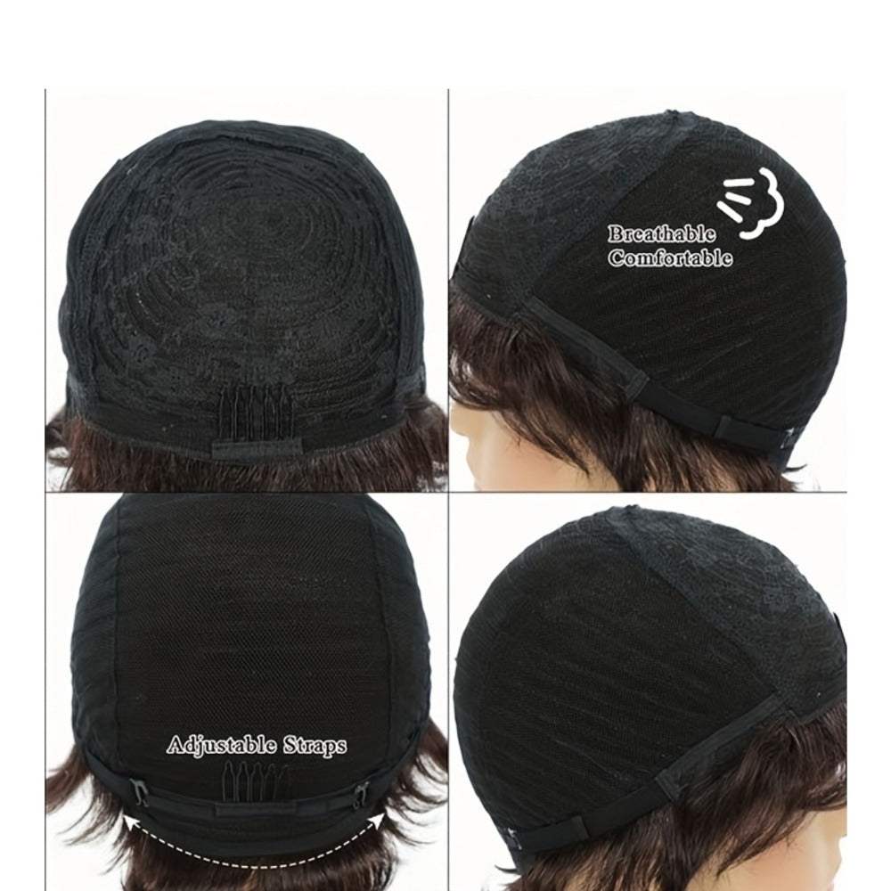Wig Short Curly Wavy Pixie Bob in Natural Black, 6-Inch Human Hair with Bangs and Rose Net Cap