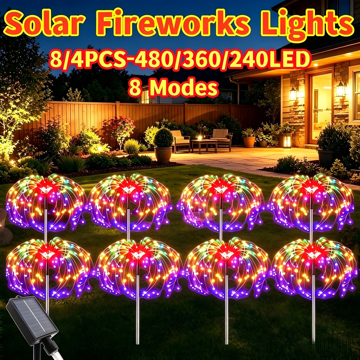 Solar Fireworks Lights 480 LED 8-Pack, IPX4 Waterproof 8 Modes