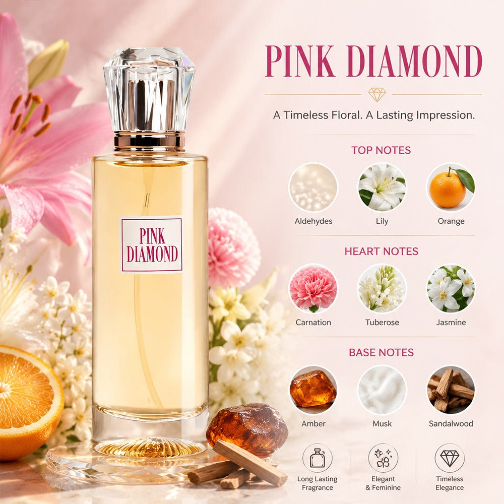 Women's Perfume Eau de Parfum Spray - Pink Diamond Long Lasting Floral Scent with Aldehyde Lily & Orange, Elegant Fragrance for Daily Wear & Special Occasions, 3.4 oz