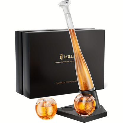 Baseball Bat Whiskey Decanter Set with 20.2 oz Bat-Shaped Bottle, Two 10.1 oz Baseball Glasses and Display Stand