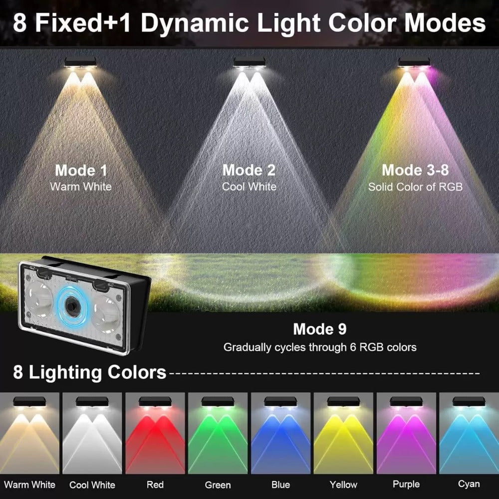 Solar Garden Light Fence Wall Fixtures with 9 Modes, Dusk Sensor and 4 or 8-Pack Options for Outdoor Garden Decor