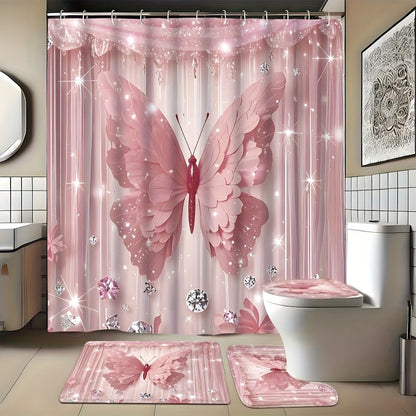 Shower Curtain Set Diamond Butterfly Print 70.8x70.8 Inch - 4 Piece Bathroom Set with U-Shape Toilet Seat Cover Non-Slip Rug 12 Hooks Machine Washable | Cyan Purple Pink | All Season Bathroom Decor